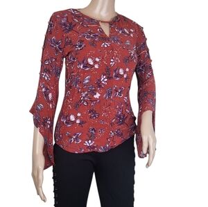 GYPSIES & MOONDUST BLOUSE LONG BELL SLEEVE SHIRT MULTICOLOR RAYON FLORAL TOP